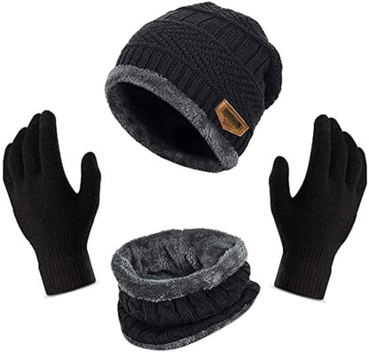 Unisex Winter Knit Beanie Cap Hat Neck Warmer Scarf with Woolen Gloves Set - Free Size, Black