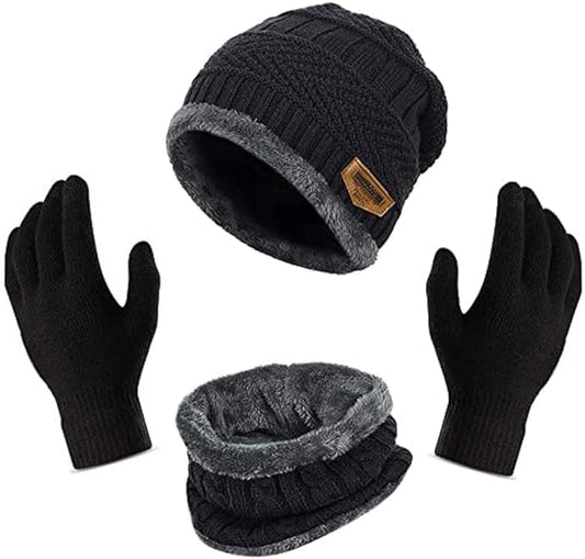 Unisex Winter Knit Beanie Cap Hat Neck Warmer Scarf with Woolen Gloves Set - Free Size, Black