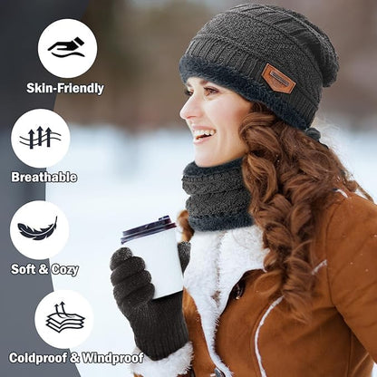 Unisex Winter Knit Beanie Cap Hat Neck Warmer Scarf with Woolen Gloves Set - Free Size, Black