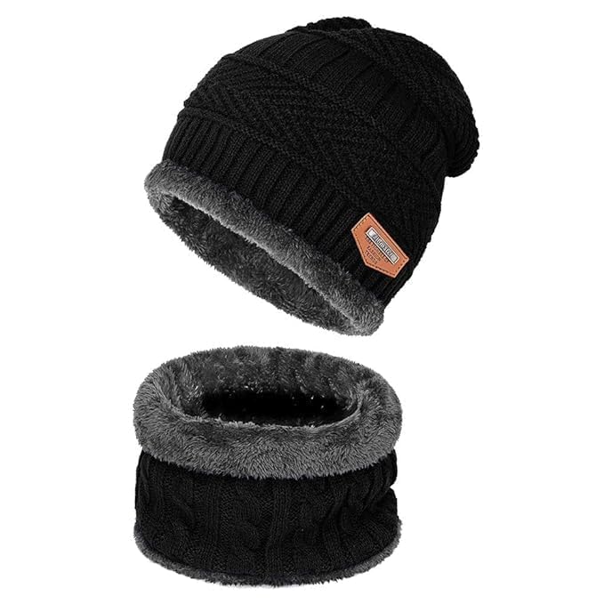 Unisex Winter Knit Beanie Cap Hat Neck Warmer Scarf with Woolen Gloves Set - Free Size, Black
