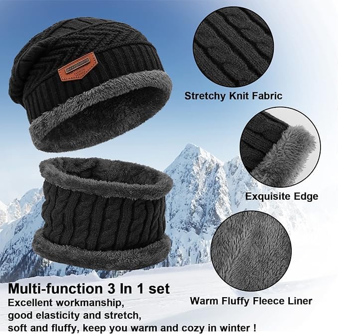 Unisex Winter Knit Beanie Cap Hat Neck Warmer Scarf with Woolen Gloves Set - Free Size, Black