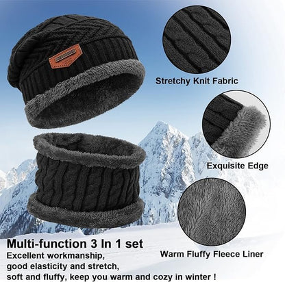 Unisex Winter Knit Beanie Cap Hat Neck Warmer Scarf with Woolen Gloves Set - Free Size, Black