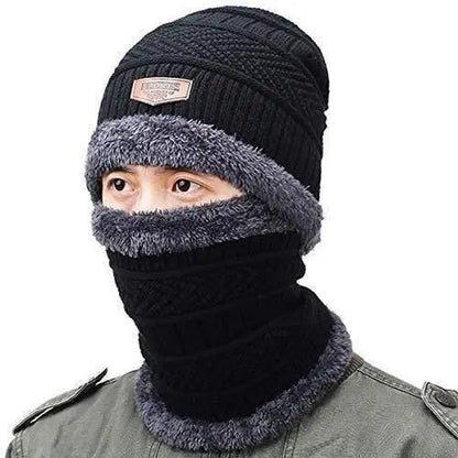 Unisex Winter Knit Beanie Cap Hat Neck Warmer Scarf with Woolen Gloves Set - Free Size, Black