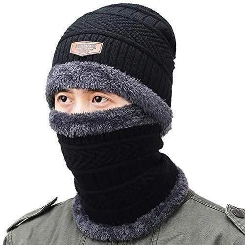 Unisex Winter Knit Beanie Cap Hat Neck Warmer Scarf with Woolen Gloves Set - Free Size, Black