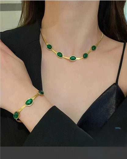 Oval Green Crystal Pendant Necklace Set With Bracelet