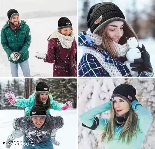 Unisex Winter Knit Beanie Cap Hat Neck Warmer Scarf with Woolen Gloves Set - Free Size, Black