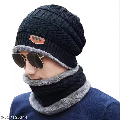 Unisex Winter Knit Beanie Cap Hat Neck Warmer Scarf with Woolen Gloves Set - Free Size, Black