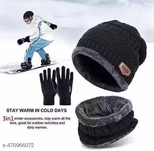 Unisex Winter Knit Beanie Cap Hat Neck Warmer Scarf with Woolen Gloves Set - Free Size, Black